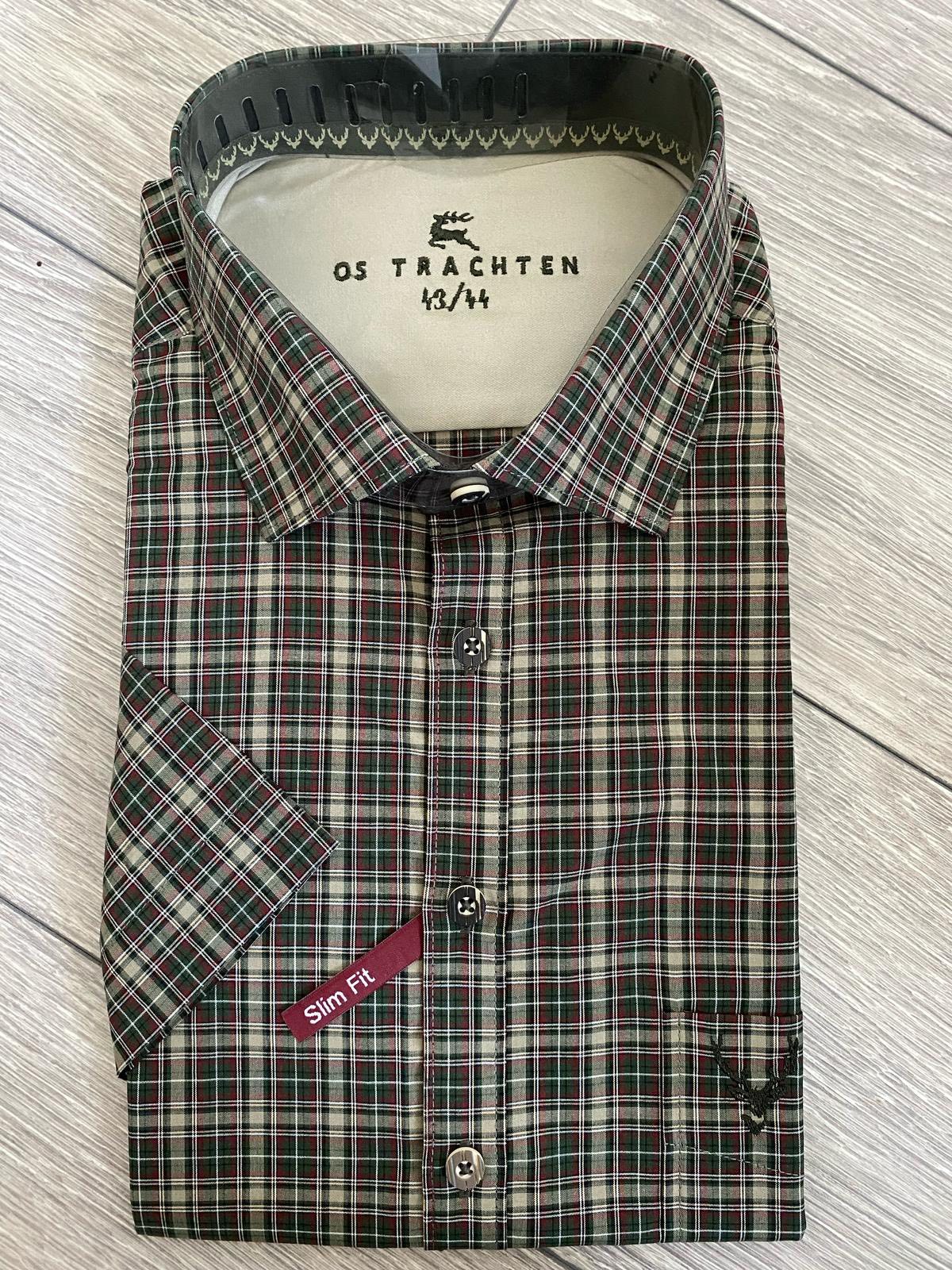 OS Trachten kockás vadászing – slim fit, rövid ujjú, zöld-barna kockás hagyományos ing vadászathoz